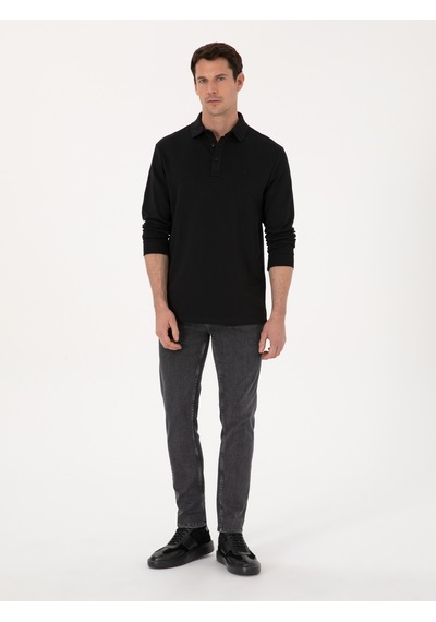 Siyah Regular Fit %100 Pamuk 3 İplik Polo Yaka Sweatshirt