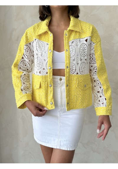 Verymoda Dantel Detatlı Kot Ceket F1758 Sarı