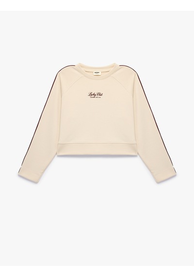 Koton Uzun Kollu Viskon Karışımlı Biyeli Bisiklet Yaka Baskılı Sweatshirt Bej 7wkg10355ak Ekru