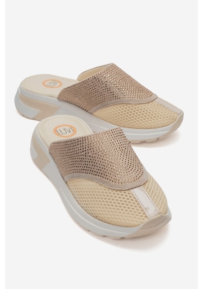 Luvishoes Glea Bej Taşlı Fileli Burnu Kapalı Kadın Terlik Bej