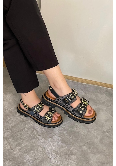 Preshley Kadın Mendez Siyah Leopar Çift Bantlı Kabsül Ve Vardola Deyatlı Kalın Taban Ortopedik Sandalet K-120 Preshley Kadın Mendez Siyah Leopar Çift Bantlı Kabsül Ve Vardola Deyatlı Kalın Taban Ortopedik Sandalet K-120