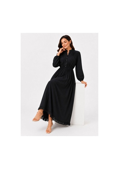 Hira Life Fashion Kadın Çilek Kumaş Ve Önü Düğmeli Eteği Fırfırlı Hakim Yaka Elbise Siyah Siyah Hira Life Fashion Kadın Çilek Kumaş Ve Önü Düğmeli Eteği Fırfırlı Hakim Yaka Elbise Siyah Siyah