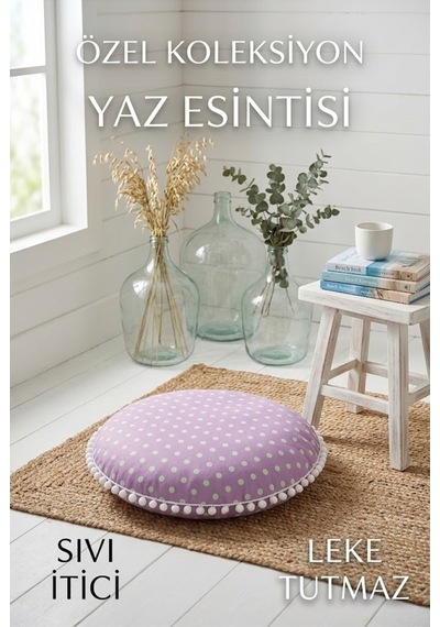Yuvarlak Minder 40 Cm Çap Dekoratif Puantiyeli Minder Beyaz Ponponlu Leke Tutmaz Su Geçirmez Çok Renkli