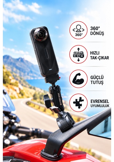 Uba-q1 360 Aksiyon Kamera Tutucu Tak Çıkar Adaptörlü Motosiklet Gidon Kamera Bağlantı Aparatı Siyah