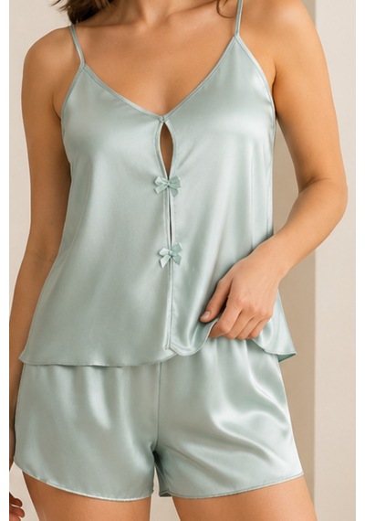 Loule Kadın Yeşil Askılı Saten Şortlu Pijama Takımı Şık Ev Giyimi
