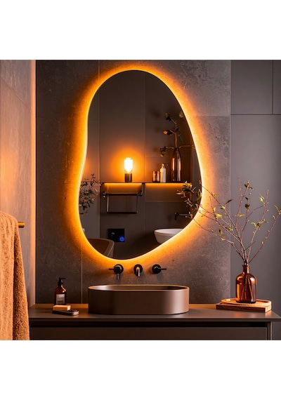 Nelyos Amber Led'li Lazer Kumlamalı Lavabo & Banyo Aynası Dokunmatik Sensörlü 100 X 65 Cm Turuncu