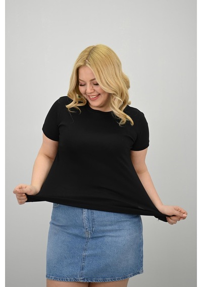 Koza Butik Kadın Büyük Beden Kısa Kollu Bisiklet Yaka Basic T-shirt 1965-25 Siyah
