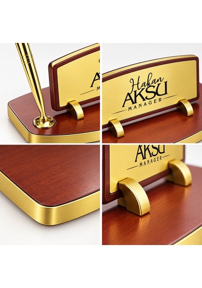 Bk Gift Kişiye Özel Kalemli Ahşap Masa İsimliği Gold Plakalı Bk26 -3 Çok Renkli