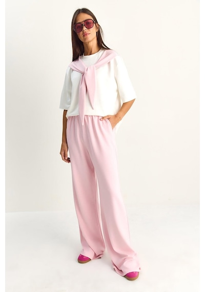 Shade Kadın Şal Detaylı Basic T-shirt Beli Lastikli Bol Pantolon Alt-üst Modal Takım 4116 60286084 - Pembe-beyaz Çok Renkli