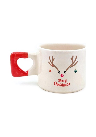Merry Christmas Geyik Baskılı Kırmızı Kulplu Kalp Yılbaşı Kupası