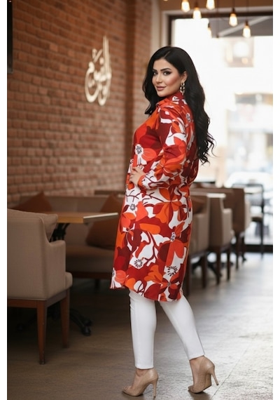 Polologin Butik Turuncu Beyaz Çiçek Desenli Viskon Gömlek - Yumuşak Dokulu Yazlık Tunik Turuncu