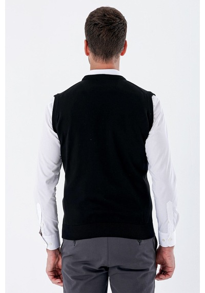 İmza V Yaka Cepsiz Slim Fit Classic Yünlü Triko Süeter 1012255003 Siyah