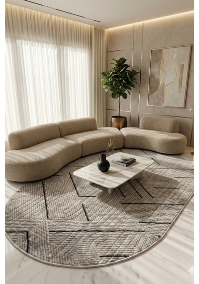 Modern Oval Halı Bambu Dokulu Kaymaz Taban Yumuşak Salon Yatak Odası Halısı Gri 5000