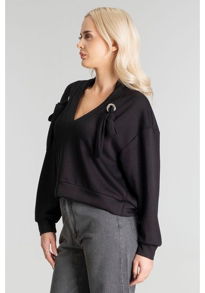 Kadın Modal Cupra Kumaş Kuşgözü Kordonlu Sweatshirt Siyah