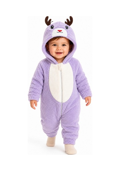 Tatlı Geyik Desenli Welsoft Bebek Tulumu Kapüşonlu Peluş Fermuarlı Kışlık Unisex Bebek Tulumu Mor