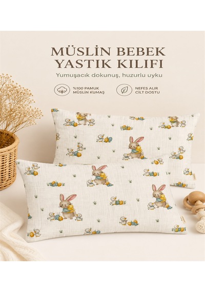 More Home Bebek Yastık Kılıfı Müslin 2 Adet 35x45 Ördekli & Tavşanlı Kırık Beyaz