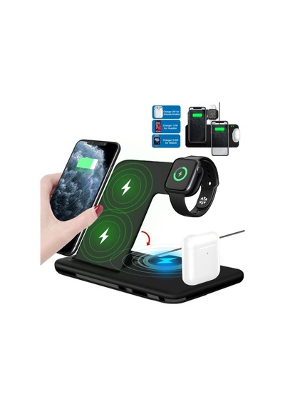 4 In1 Wireless Charger Kablosuz Şarj Istasyonu Standı 15 Watt Android Ve Ios Uyumlu Siyah
