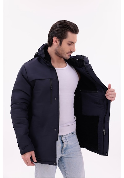 Blayn Jeans Erkek Polarlı Kürklü Su Ve Rüzgar Geçirmez Kapüşonlu Kışlık Mont & Kaban & Parka Lacivert