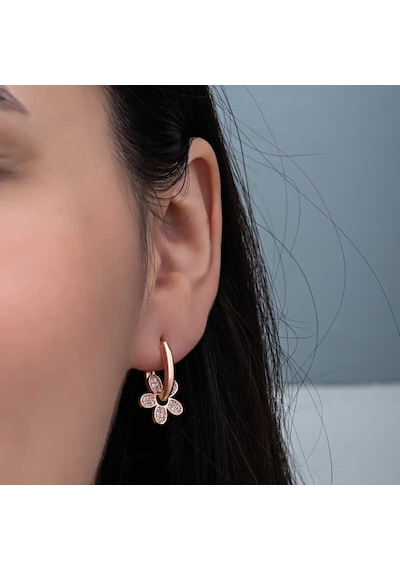Gümüş Rose Sallantılı Çiçek Desenli Kadın Küpe