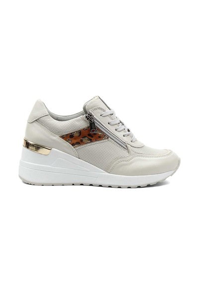 Kadın Bej Bağcıklı Dolgu Topuklu Deri Sneaker