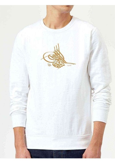 Osmanlı Tuğrası Baskılı Beyaz Erkek Örme Sweatshirt