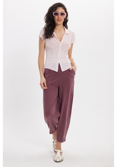 Tudors Kadın Relax Fit Rahat Kesim Beli Lastikli Yumuşak Dokulu Çift Cepli Mürdüm Pantolon-50657