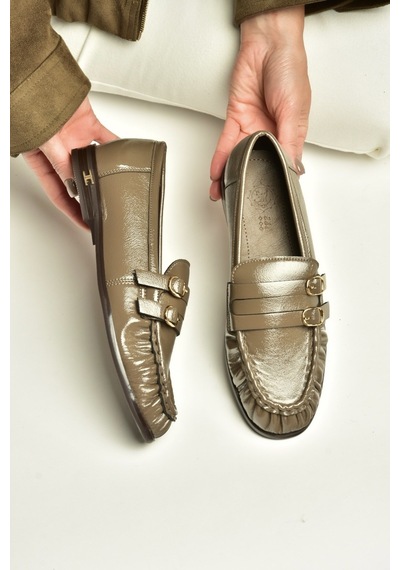 Fox Shoes Z820024208 Vizon Rugan Büzgü Detaylı Çift Tokalı Loafer Ayakkabı