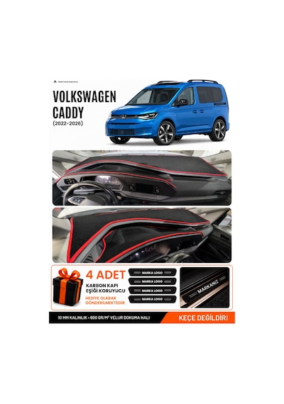 Volkswagen Caddy 2022-2026 Uyumlu Torpido Örtüsü, Torpido Kılıfı - Siyah Kırmızı
