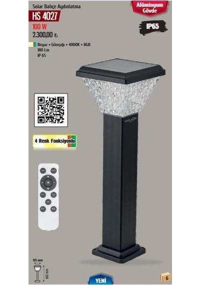 Helıos 100w 4renk Beyaz+4000k+günışığı+rgb Led Solar Bahçe Aydınlatma Metal Gövdeli Hs-4027
