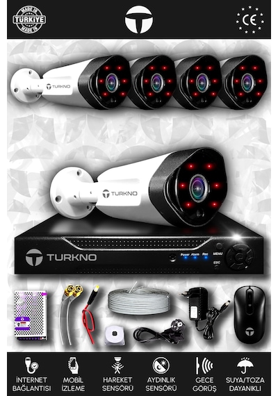 Turkno 5 Kameralı Galia 5 Dış Kamera Set HDD'siz Full HD Gece Görüşlü Güvenlik Kamerası Sistemi