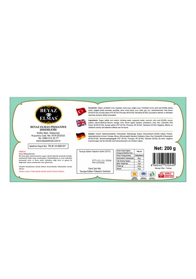 Beyaz Elmas Çeşnili Lokum 200 Gr Karışık Meyve Aromalı Türk Lokumu - Hindistan Cevizli
