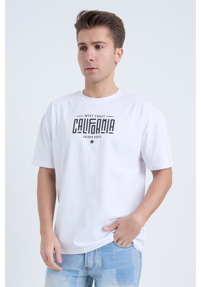 Erkek Oversize Baskılı T-shirt Beyaz California Beyaz