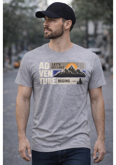 Herkesemoda Adventure Baskı Detaylı Basic T-shırt Gri