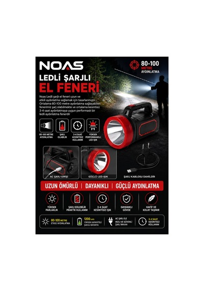 Ledli Şarjlı El Feneri 80-100 Metre Uzun Menzilli Güçlü Işık 3-4 Saat Kullanım Siyah - 920474781 Siyah