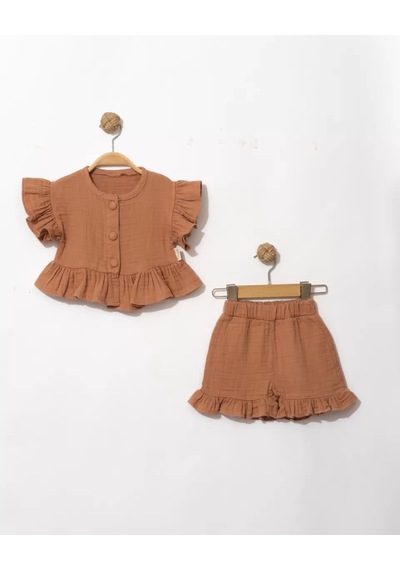 Veraura Lifestyle 6/24 Ay Düğme Detaylı Müslin Kumaş Bebek Takımı Kahverengi