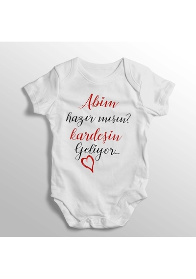 İmaj Tuğbababy Abim Hazır Mısın Kardeşin Geliyor Yazılı Baskılı Bebek Zıbını Beyaz