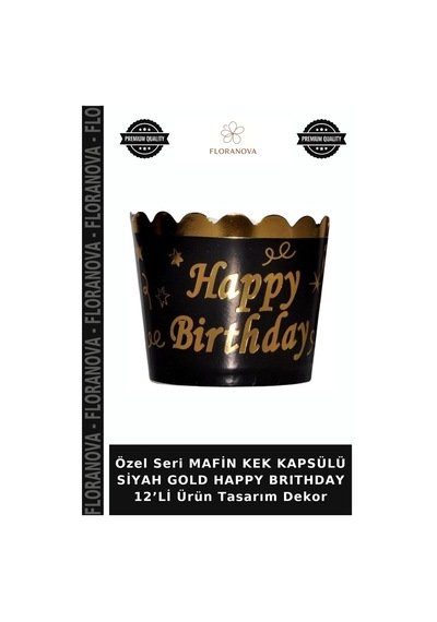 Özel Seri Mafin Kek Kapsülü Siyah Gold Happy Brıthday 12 Li Ürün Tasarım Dekor Siyah - Altın
