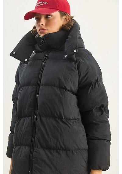 Shade Kadın Kapüşonlu Cep Detaylı Astarlı Oversize Krinkıl Şişme Mont 60283684 - Siyah