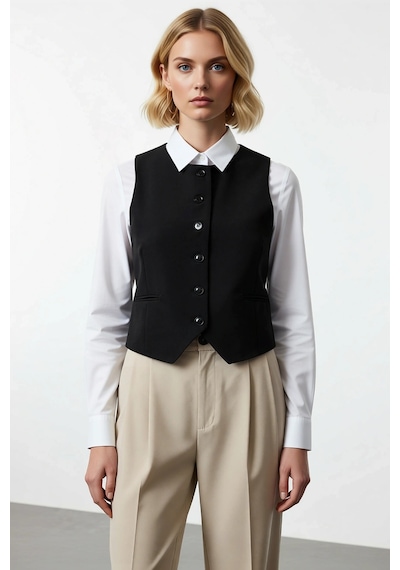 Benerly Kadın Bisiklet Yaka Kolsuz Fitted Crop Dokuma Kumaş Yelek Düz Des Siyah