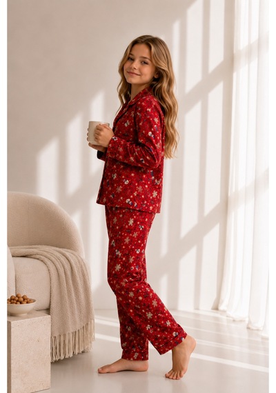 Beka Kids Yılbaşı Desenli Uzun Kollu Önden Düğmeli Gömlek Yaka Kız Çocuk Pijama Takımı Kırmızı Beka Kids Yılbaşı Desenli Uzun Kollu Önden Düğmeli Gömlek Yaka Kız Çocuk Pijama Takımı Kırmızı