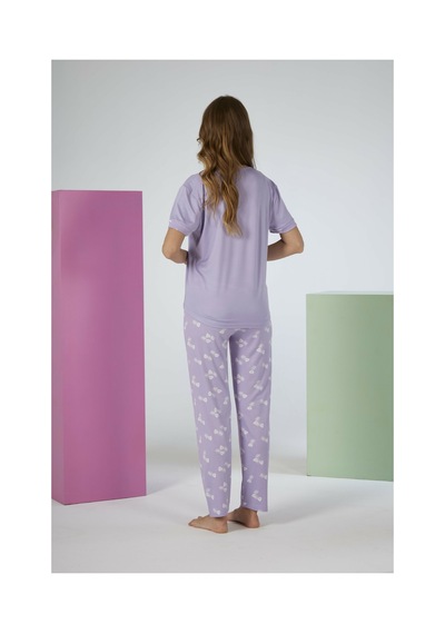 Estiva Kadın Yaprak Alt Desenli Kısa Kollu Soft Pijama Takımı LİLA