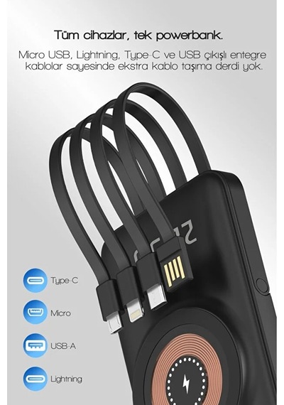 10000 Mah Magsafe Uyumlu Taşınabilir Powerbank Dahili Kablolu 22.5w Scp 20w Pd 15w Wireless Siyah