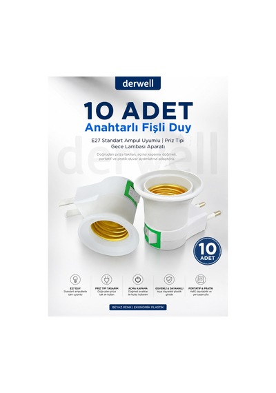 10 Adet Çocuk Odası İçin Anahtarlı Fişli Duy E27 Standart Ampul Uyumlu Priz Tipi Gece Lambası Aparatı Doğrudan Priza Takılan Açma Kapama Düğmeli Portatif Pratik Duvar Aydınlatma Adaptörü