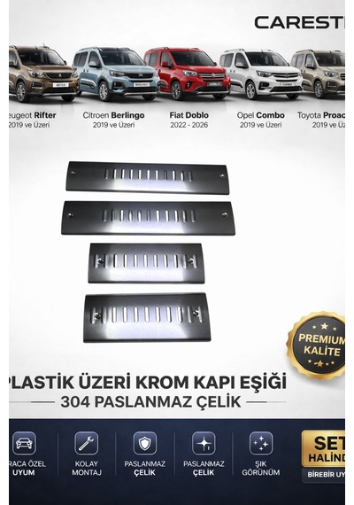 Rifter Berlingo Doblo Combo Proace City Uyumlu Plastik Üzeri Krom Kapı Eşiği 304 Paslanmaz Çelik Set