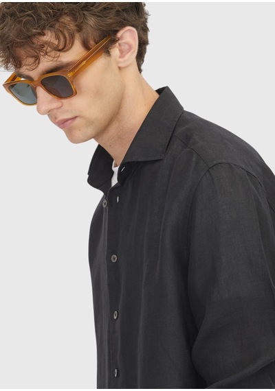 Ramsey Siyah Casual Fit Uzun Dokuma Casual %100 Keten Gömlek