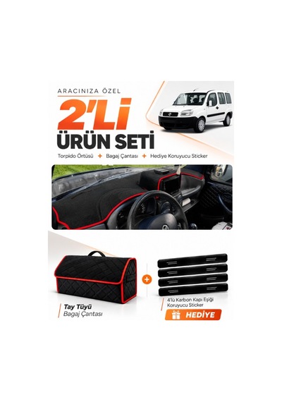 Fıat Doblo 2000-2008 Airbagsiz Büyük Ekran Uyumlu Torpido Örtüsü Tay Tüyü Çanta - Siyah Kırmızı