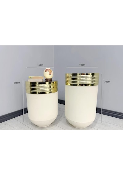 Elegant Dekoratif Gold Darbuka Krem Saksı 70cm + Sehpa 60cm İkili Set