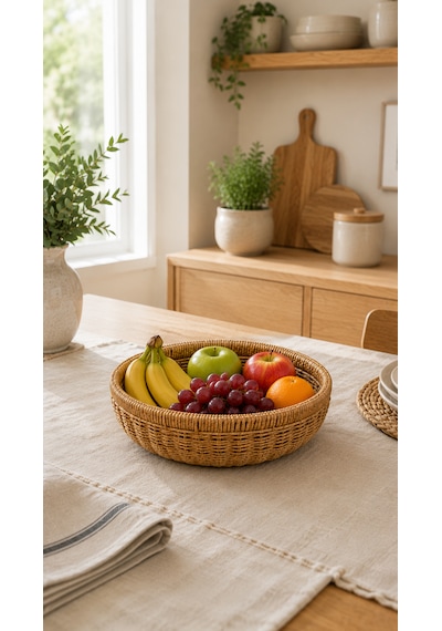 3'lü Oval Hasır Sunumluk Sepet Badya Leğen Tabak Kase - Masaüstü Organizer Rattan Sunum Meyvelik - Ekstra Kaliteli Çelik Rattan