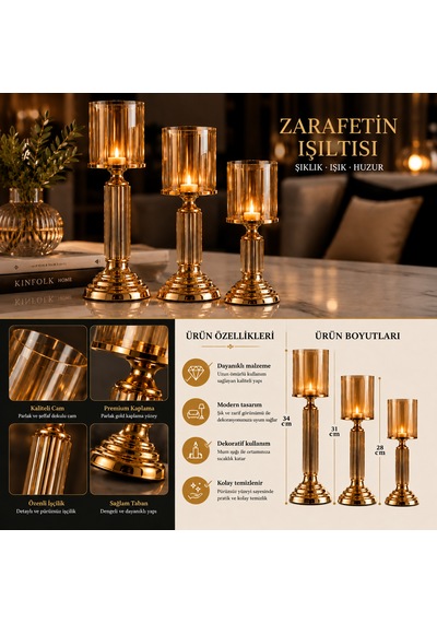 Gold Cam Dekoratif 3'lü Şamdan Mumluk Seti Amber - Gold