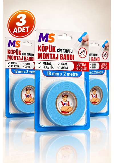 3 Adet Ultra Güçlü 18 Mm X 2 Metre Çift Taraflı Köpük Montaj Bandı Metal Plastik Cam Bantı Bantları